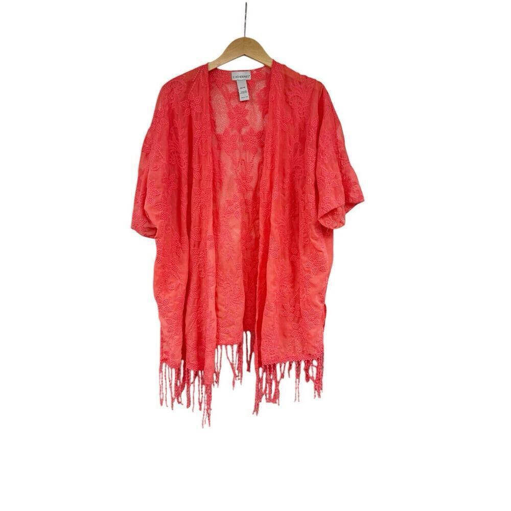 Catherine’s Bright Pink Peach Sheer Floral Cardigan Womens 1XL‎